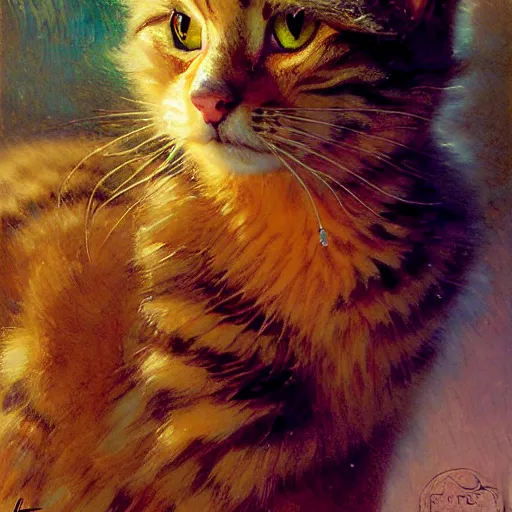 Image similar to portrait of a furry fluffy female tabby cat in a girl's clothes. shadowrun furaffiniy cyberpunk fantasy highly detailed painting by gaston bussiere craig mullins jc leyendecker gustav klimt artgerm greg rutkowski john berkey, bergey, craig mullins, ruan jia, raymond swanland, jeremy mann, tom lovell, alex malveda