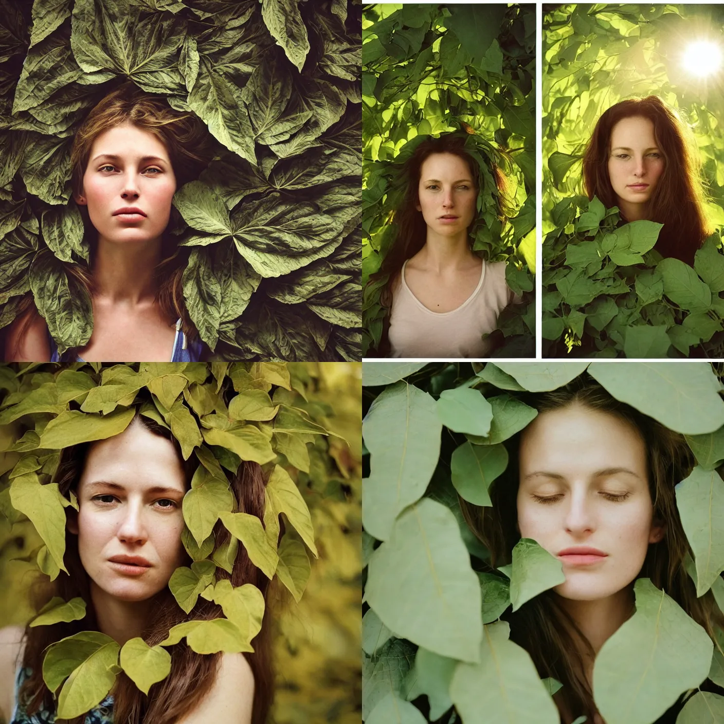 Prompt: An analog head and shoulder portrait frontal face photography of a woman behind multiple big leaves by Annie Leibovitz. Long hair. closed eyes. Kodak Portra 800 film. Depth of field. whirl bokeh. Sunshine. detailed. hq. realistic. warm light. muted colors. Moody. Filmic. Dreamy. lens flare. Leica M9, f/1.2, symmetrical balance, in-frame