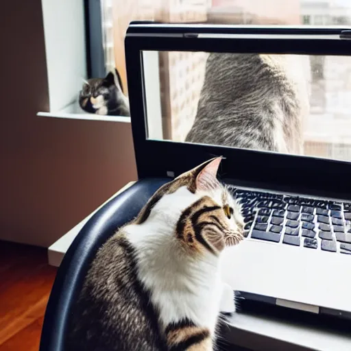 Prompt: A cat lounging on a laptop computer near a window with a mid day city outside