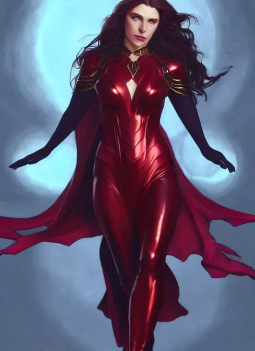 Image similar to Scarlet Witch as Lucifer morningstar, portrait, full body, hyper realistic, trending on artstation, art by ArtGerm and Alphonse Mucha and J. C. Leyendecker and Edmund Bliar Leighton and Charlie Bowater, unreal engine render, octane render