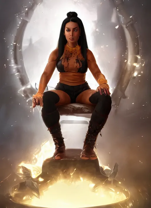 Image similar to An epic fantasy comic book style portrait painting of a tan woman with black hair in a pony tail and serious eyes sitting on a large chair, unreal 5, DAZ, hyperrealistic, octane render, cosplay, RPG portrait, dynamic lighting