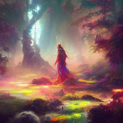 Prompt: a psychedelic realm where astral beings share love _ greg rutkowski _ wlop _ lisa frank _ bob ross _ ruan jia _ illustration