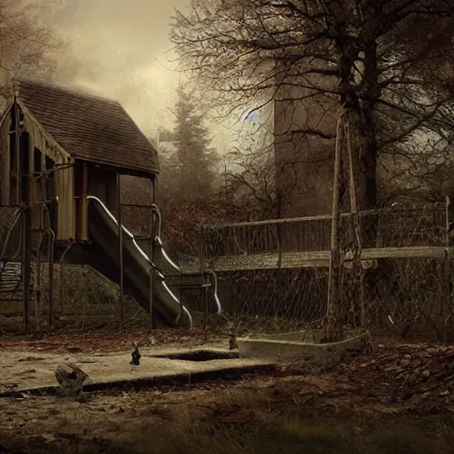 Image similar to michal karcz painting of an abandoned playground. , horror theme, detailed, elegant, intricate, 4k,