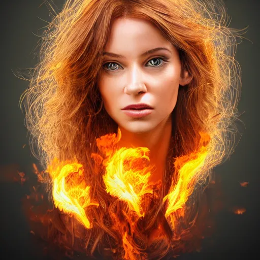 Image similar to a highly detailed headshot portrait of a beautiful woman with hair made of fire concept art