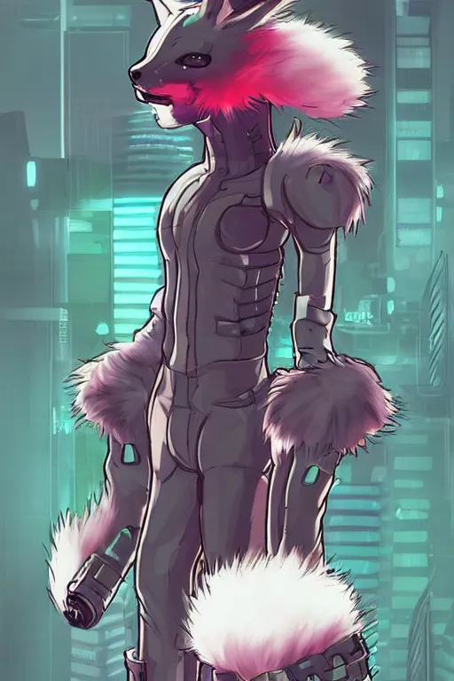Image similar to a cyberpunk anthropomorphic fox with a fluffy tail, comic art, trending on furaffinity, cartoon, kawaii, backlighting, furry art!!!, chibi, neon