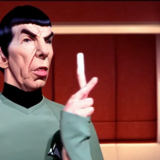 Prompt: A screenshot of Spock in a slapstick movie, action shot