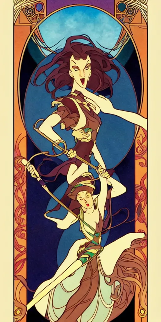 Image similar to the fool, rider tarot card with an art deco boarder, high quality, digital painting, by don bluth and ross tran and studio ghibli and alphonse mucha, artgerm