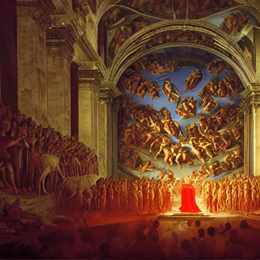 Image similar to the sistine chapel breaks open in half in the ceiling as a red magical portal from hell opens up, lucifer morningstar emerges along with hordes of demons, the priests and the pope look at the scene with terror in their eyes. highly detailed painting by gaston bussiere, greg rutkowski, craig mullins 8 k