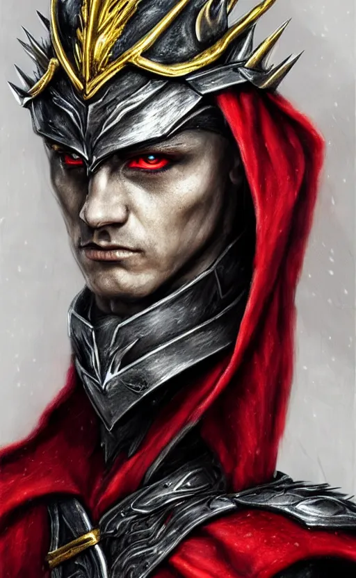 Prompt: A portrait of a male elf, 20 years old, short silver hair, red eyes, wearing a spiked black metal crown, black heavy armor with gold trim, and a red cape, lean but muscular, attractive, command presence, royalty, weathered face, smooth, sharp focus, illustration, concept art, highly detailed portrait, muscle definition, fantasy painting, ArtStation, ArtStation HQ