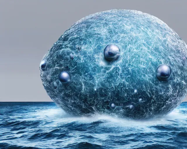 Prompt: a massive sculpture of the birth of the universe on the ocean water, in the style of jeff koons, cinematic, hyper - realistic, very detailed, realistic water splashes, ray tracing, 8 k resolution, long - shot, sharp focus, low angle, 8 5 mm photograph, wide lens