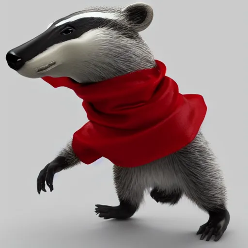 Image similar to a humanoid friendly badger on white background, he‘s running towards the camera, he‘s wearing a very small red neckerchief, digital render