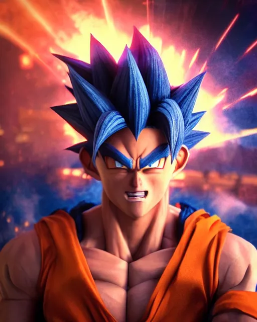 Image similar to 3 d high octane render, 8 k cgi, unreal engine, photorealistic goku, portrait, dynamic lighting, photorealistic, unreal engine, octane, ultra detailed, detailed faces, hd quality