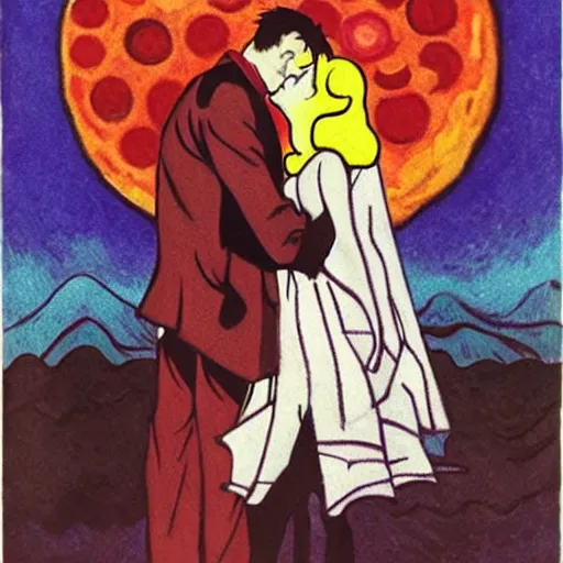 Prompt: the blonde vampire with the title kiss - shot acerola - orion heart - under - blade hugging ted kaczynski under a blue moon and red sky, art by kandinsky, van gogh