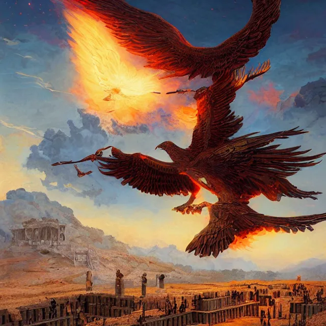 Prompt: a phoenix flying above the architectural ruins of persepolis by greg rutkowski and frank frazetta and peter mohrbacher and william blake and dan mumford