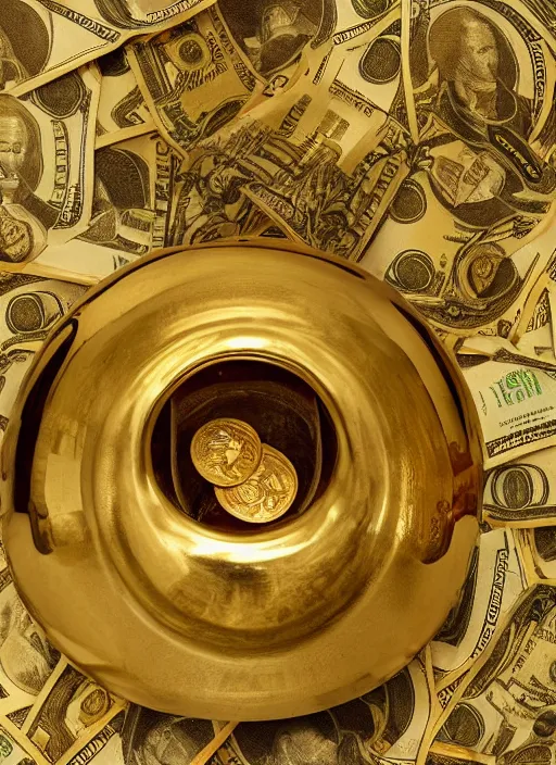 Image similar to photo of a golden toilet with dollars inside it, ultra detailed