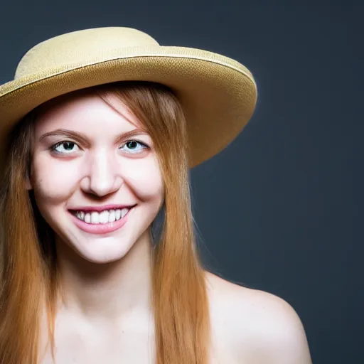 Image similar to portrait of a smiling 2 5 - year - old french woman with 9 0 degree nails pretty face, perfect large eye, medium yellow blond hair, character with a hat, hair comes out of the hat a little