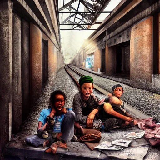 Image similar to poor people life under railway bridge, digital art, digital painting, award winning hyper realistic, 4 k, realistic face, realistic human, hyper details, style by steve mccury and annie leibovitz and chindy sherman