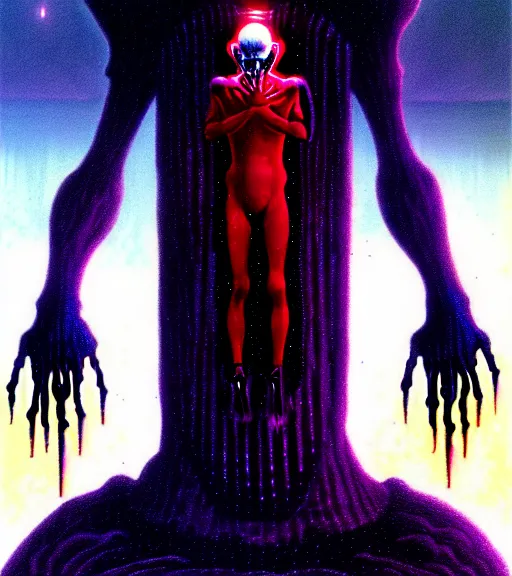 Image similar to a scifi illustration, a godlike ai awakens to the horror of its creators by thomas ligotti and wayne barlowe