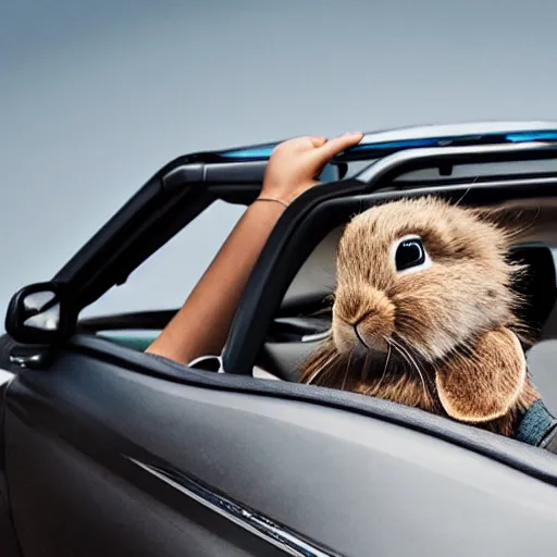 Image similar to bunny riding a convertible, studio photo, high quality