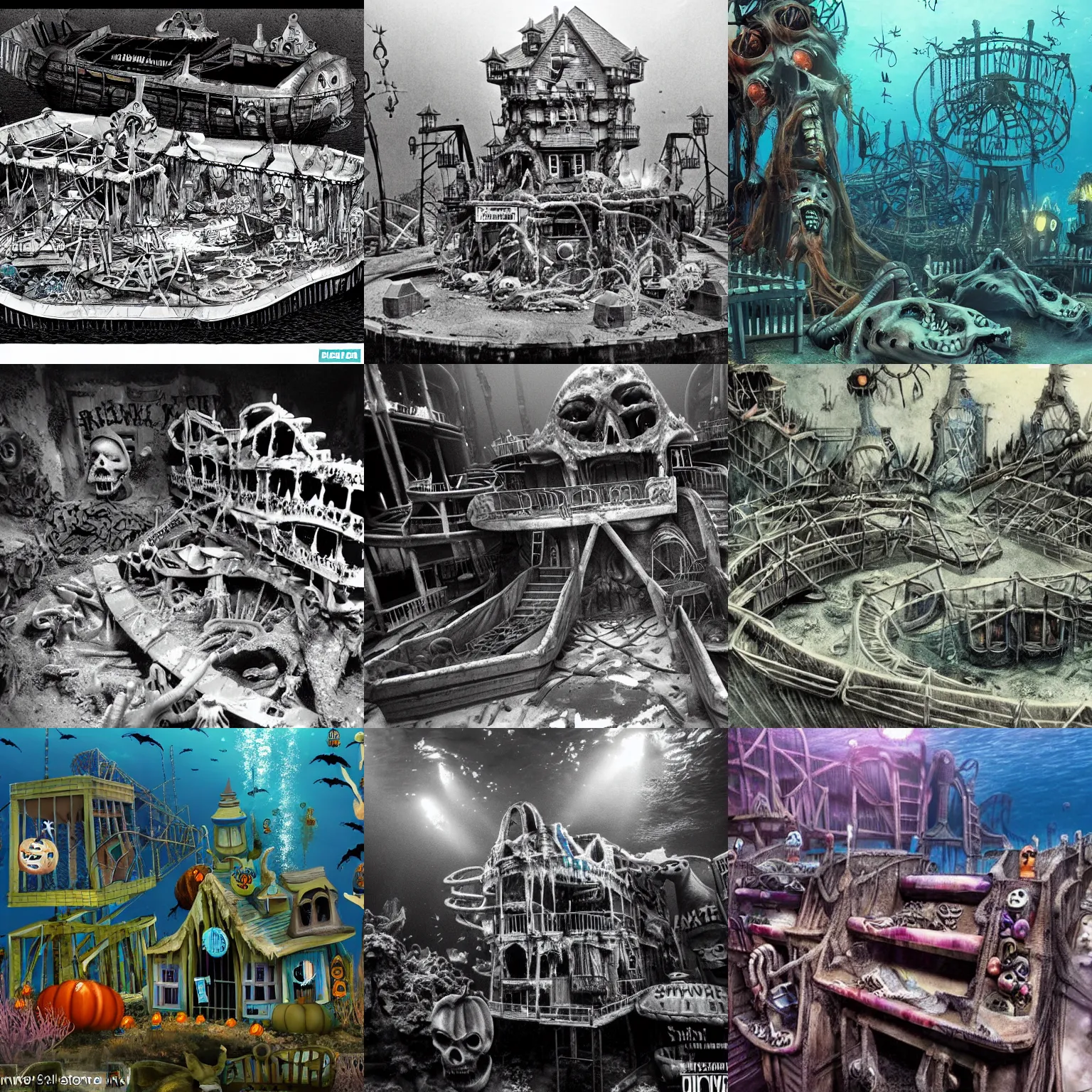Prompt: a horror based underwater suburb based on an amusement park during halloween that takes place incredibly deep underwater and is built on the idea of ship graveyard, halloween decorations, underwater city, amusement park, spooky, amusement park attractions, deep sea, horror themed, fun, in the style of stephen silver