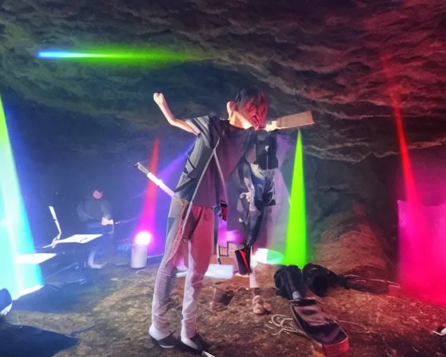 Prompt: neolithic cave gig, generic kpop boy band, lasers, smoke machine, cdx