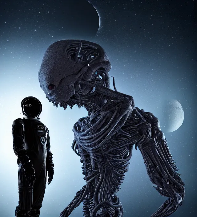 Image similar to a nightmare humanoid monster alien standing in front of a window, intricate spacesuit, moon light through the window, volumetric lighting, hyperealistic, 4 k, inspired by stephen king, inspired by lovecraft, inspired by jeffrey smith