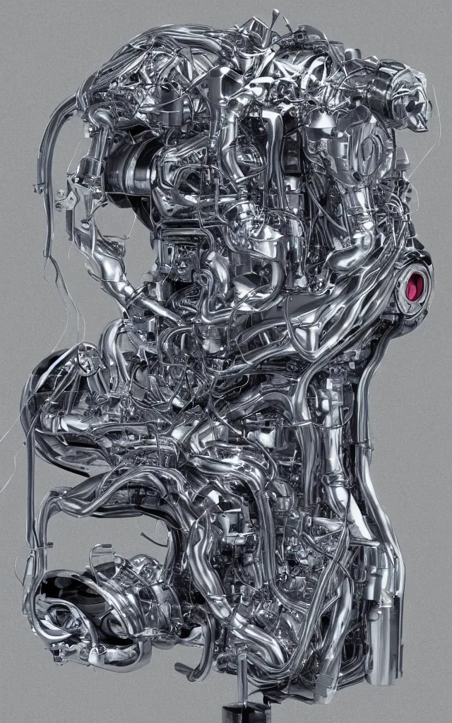 Prompt: a ghost inside metallic anatomical magnesium with integrated internal combustion engine pistons and exposed wires album cover