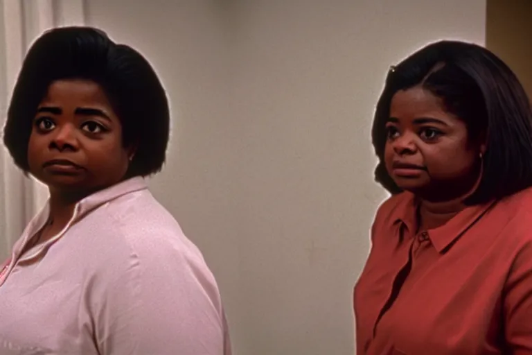 Image similar to cinematic shot from a 1 9 8 5 paranoid thriller, screenshot of octavia spencer removes a small hearing device with tweezers from her left ear, apartment set in the near future, film directed by stanley kubrick, anamorphic lenses, color theory, apartment design, leading lines, photorealistic, volumetric lighting