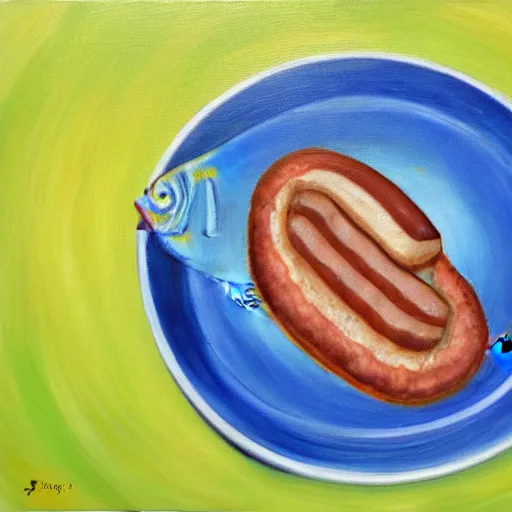 Image similar to oil on canvas, half fish half sausage on a plate. sausage with the fins of a fish