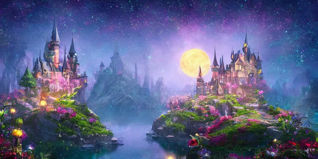 Image similar to a single glittering fairy castle at night, a full moon, water and colourful flowers, extremely detailed oil painting, unreal 5 render, fantasy digital art, octane render, beautiful composition, trending on artstation, award-winning photograph, masterpiece