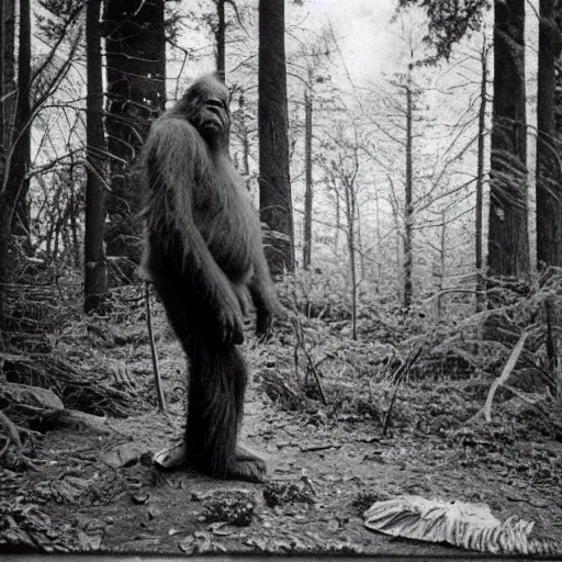 Image similar to vintage photography of a sasquatch in the woods