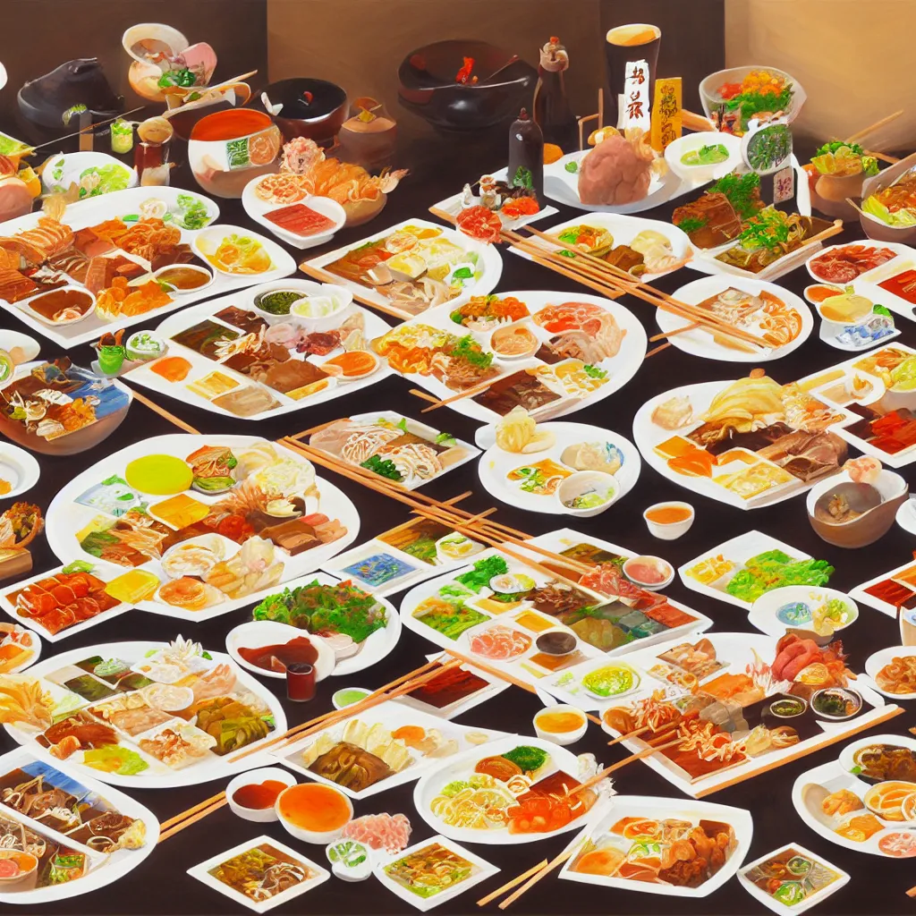 Image similar to a painting of a table full of japanese foods, concept art by taro yamamoto, pixiv contest winner, auto - destructive art, official art, concept art, pixiv