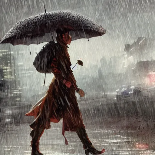 Image similar to A tiger walking in the rain, cinematic lighting, dramatic atmosphere, by Dustin Nguyen, Akihiko Yoshida, Greg Tocchini, Greg Rutkowski, Cliff Chiang, 4k resolution, trending on artstation,1900s