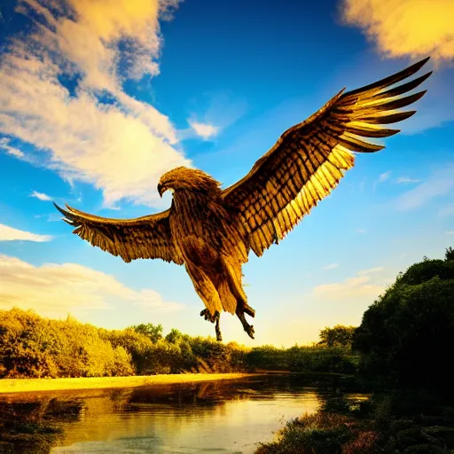 Prompt: a huge griffin flies low over a river, national geographic style, award winning, golden hour