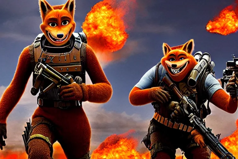 Image similar to nick wilde, heavily armed and armored facing down armageddon in a dark and gritty reboot from the makers of mad max : fury road : witness me