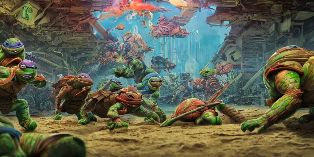 Prompt: ninja turtles escape and two military ( american uniform ) ran to sound the alarm and all the turtles began to descend the water slides, comiс style, ram skull, squid phoenix jellyfish, orchid, betta fish, bioluminiscent, intricate artwork by tooth wu and wlop and beeple. octane render, 4 k,