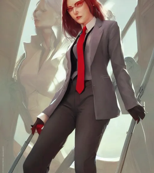 Prompt: a girl wearing a business suit, grey hair, red necktie, cinematic, stunning, highly detailed, digital painting, artstation, smooth, hard focus, full body shot, illustration, art by artgerm and greg rutkowski and alphonse mucha