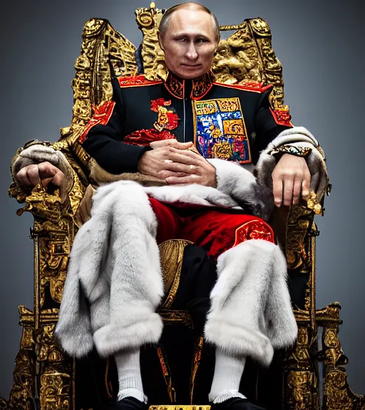 Image similar to A photo of vladimir putin the barbarian sitting on his throne, award winning photography, sigma 85mm Lens F/1.4, perfect faces