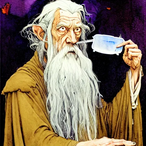 Image similar to a realistic and atmospheric watercolour fantasy character concept art portrait of gandalf smoking weed looking at the camera with an intelligent gaze by rebecca guay, michael kaluta, charles vess and jean moebius giraud