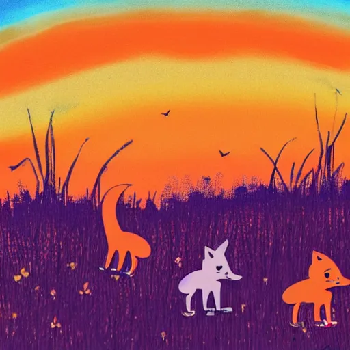 Prompt: foxes in a field made of cotton candy, orange sky, disney