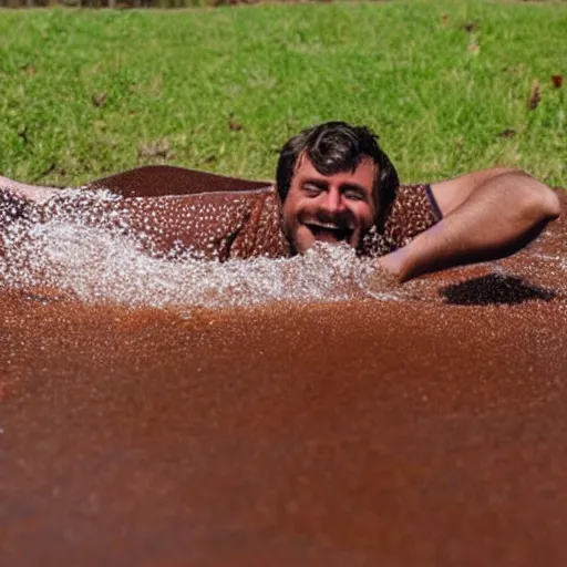 Image similar to a man gliding down a brown pudding slip n slide