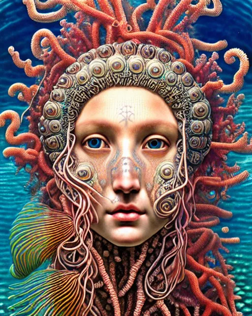 Image similar to hyperrealistic detailed underwater face portrait of the beautiful goddess of the jellyfish with an intricate headgear of corals, sea kelp, sea plants, fish, starfish, jellyfish, art by ernst haeckel, john william godward, android jones, alphonso mocha, gothic - cyberpunk, ornamental, beautiful deep colours,