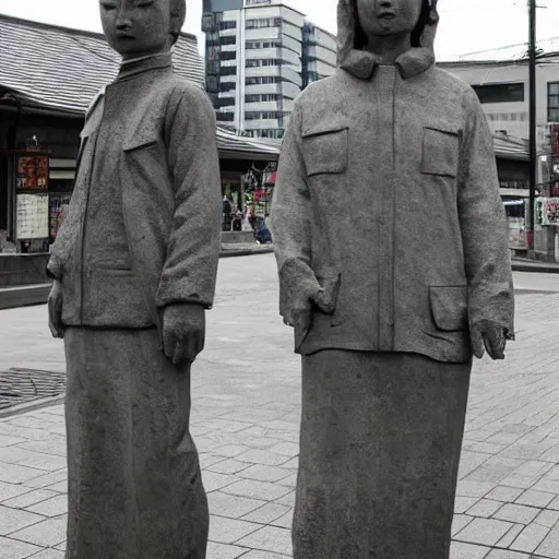 Image similar to everyone on the streets of japan suddenly turned into stone statues, the situation was eerie and silent