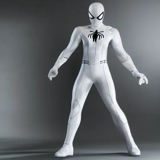 Image similar to white spider - man suit with black web lining, cinematic, volumetric lighting, realistic, hyperdetailed, photorealistic, photograph