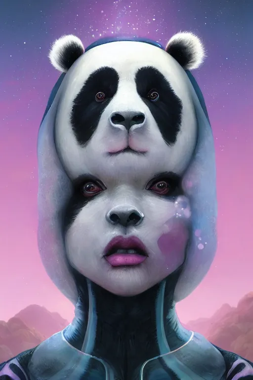 Prompt: digital portrait of an eloquent alien panda bear queen, straight on, full body character concept art, concept art, by artgerm, tom bagshaw, gerald brom, vaporwave colors, lo fi colors, vaporwave, lo fi, 4 k, hd, rendered with substance designer, small details,