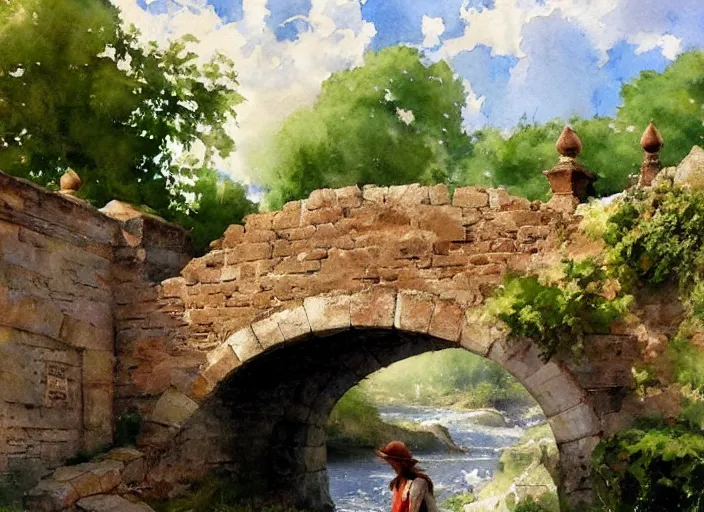 Image similar to watercolor of rustic stone bridge with mural, ivy, summer daylight, bright clear day, clouds, high detailed art by dennis miller bunker, work by anders zorn, wonderful masterpiece by greg rutkowski, beautiful cinematic light, american romanticism by greg manchess, creation by tyler edlin