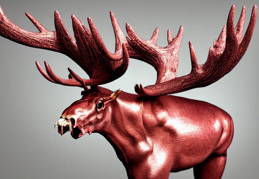 Image similar to stylized shiny polished silver statue full body bizarre extra limbs cosmic horror quadruped animal moose deer skull four legs made of marble of slug worm creature tendrils perfect symmetrical body perfect symmetrical face hyper realistic hyper detailed by johannen voss by michelangelo octane render blender 8 k displayed in pure white studio room anatomical deep red arteries veins flesh animatronic