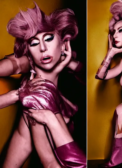 Image similar to lady gaga in a 1 9 8 0 s themed photoshoot, nick knight, annie leibovitz, posing, style, vogue magazine, highly realistic. high resolution. highly detailed. dramatic. 8 k. 4 k.