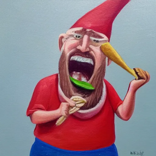 Prompt: oil painting of an angry gnome screaming while eating