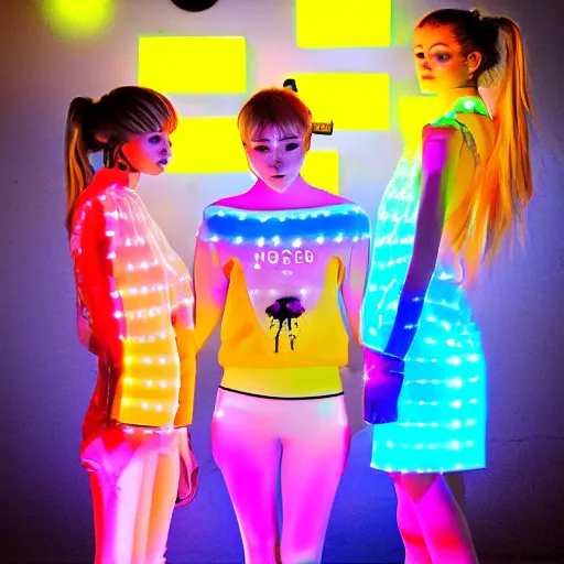 Prompt: very symmetrical fruits magazine steetwear photo of cute cool fashion worn by teens teens in the far future with glowing led lights, futuristic!!! haute couture fashion!!!!, nanotechnology cybernetics!!! solar power prosthetic, illustration style of ai yazawa